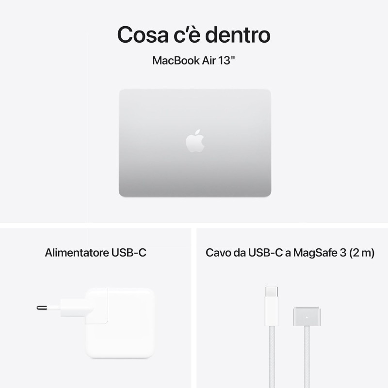 Apple Portatile MacBook Air 13'' con chip M4 (2025): progettato per Apple Intelligence, display Liquid Retina da 13,6'', 16GB di memoria unificata, 256GB di archiviazione SSD, Touch ID; Argento - Unità SSD da 256GB Argento Apple Portatile MacBook Air 13'' con chip M4 (2025): progettato per Apple Intelligence, display Liquid Retina da 13,6'', 16GB di memoria unificata, 256GB di archiviazione SSD, Touch ID; Argento - Unità SSD da 256GB Argento