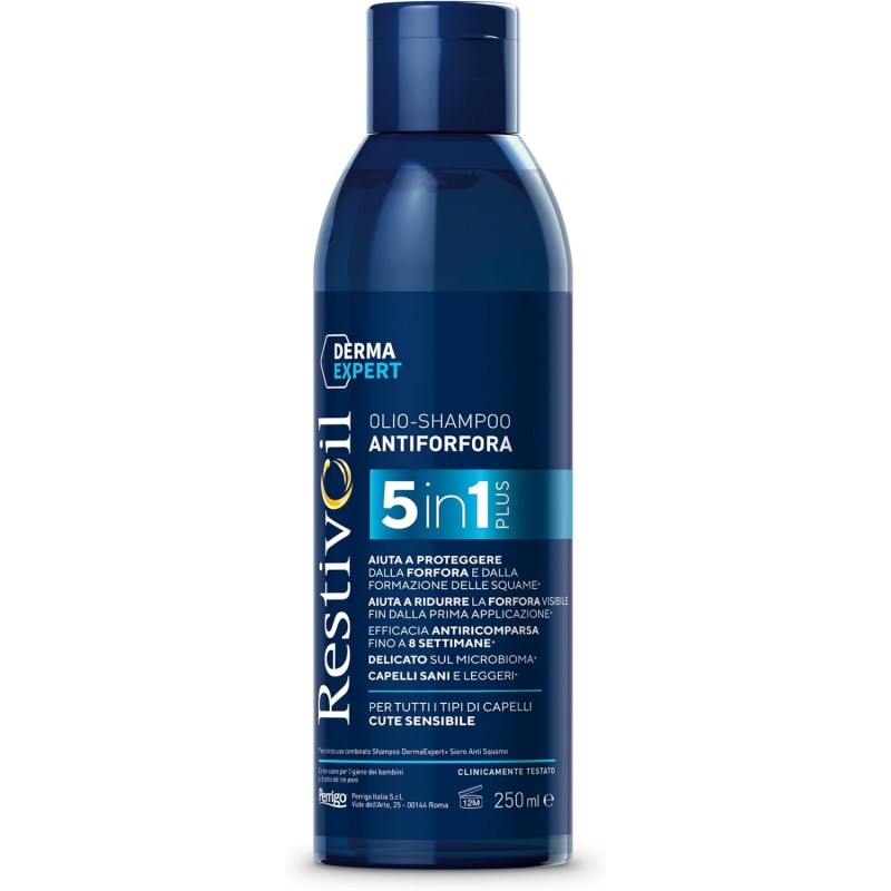 Restivoil Derma Expert, Olio-Shampoo Antiforfora 5 in 1, Per tutti i tipi di capelli, Cute sensibile, 250ml