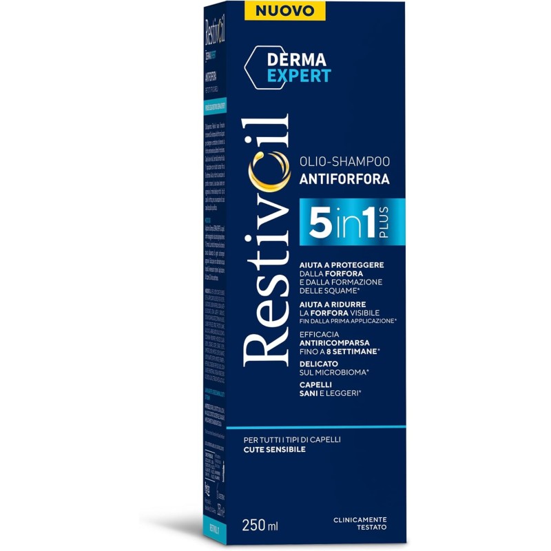 Restivoil Derma Expert, Olio-Shampoo Antiforfora 5 in 1, Per tutti i tipi di capelli, Cute sensibile, 250ml