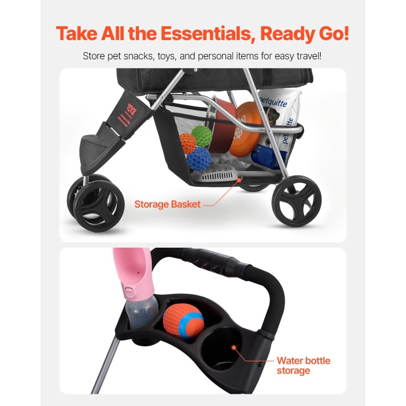 VEVOR Passeggino Pieghevole per Animali Domestici, Passeggino per Cani a 3 Ruote con Freni, Capacità di Peso di 16 kg, con Finestre in Rete Traspirante e Portabicchieri per Piccoli Cani Gatti VEVOR Passeggino Pieghevole per Animali Domestici, Passeggino per Cani a 3 Ruote con Freni, Capacità di Peso di 16 kg, con Finestre in Rete Traspirante e Portabicchieri per Piccoli Cani Gatti