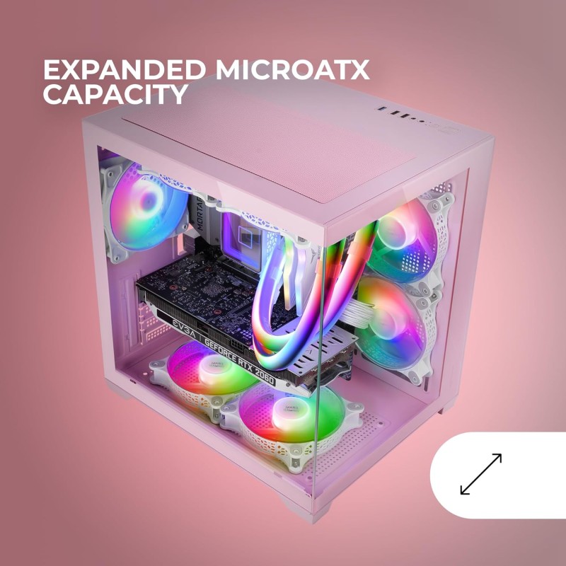 Mars Gaming MC-VIEW2, Case Gaming MicroATX, Doppio Vetro Temperato Continuo Senza Cornice, 1x Ventola FRGB Posteriore 120mm, Supporto Raffreddamento Liquido fino 240mm, Struttura Doppia Camera, Rosa Mars Gaming MC-VIEW2, Case Gaming MicroATX, Doppio Vetro Temperato Continuo Senza Cornice, 1x Ventola FRGB Posteriore 120mm, Supporto Raffreddamento Liquido fino 240mm, Struttura Doppia Camera, Rosa