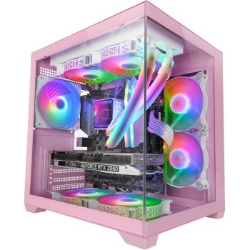 Mars Gaming MC-VIEW2, Case Gaming MicroATX, Doppio Vetro Temperato Continuo Senza Cornice, 1x Ventola FRGB Posteriore 120mm, Supporto Raffreddamento Liquido fino 240mm, Struttura Doppia Camera, Rosa