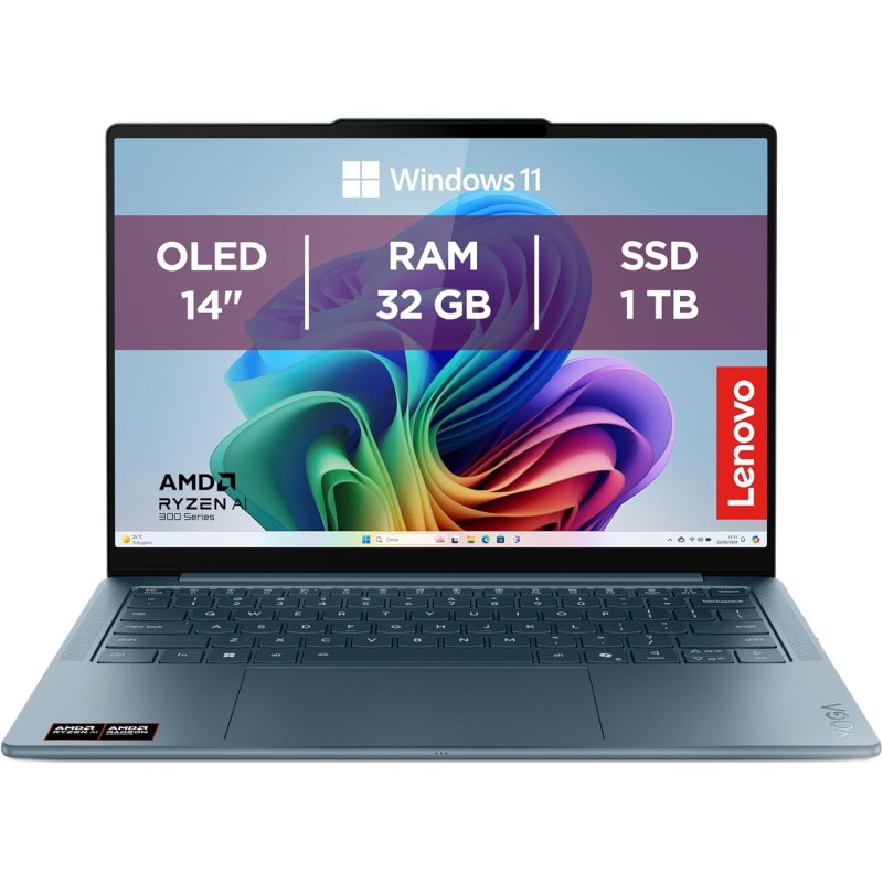 Lenovo Yoga Slim 7 Notebook Copilot+ PC - Display OLED 14" WQXGA (1920x1200), AMD Ryzen AI 7 350, RAM 32 GB, 1 TB SSD, Grafica AMD Radeon 860M, Windows 11 H, 2 anni Premium Care - Tidal Teal - 32GB | 14"