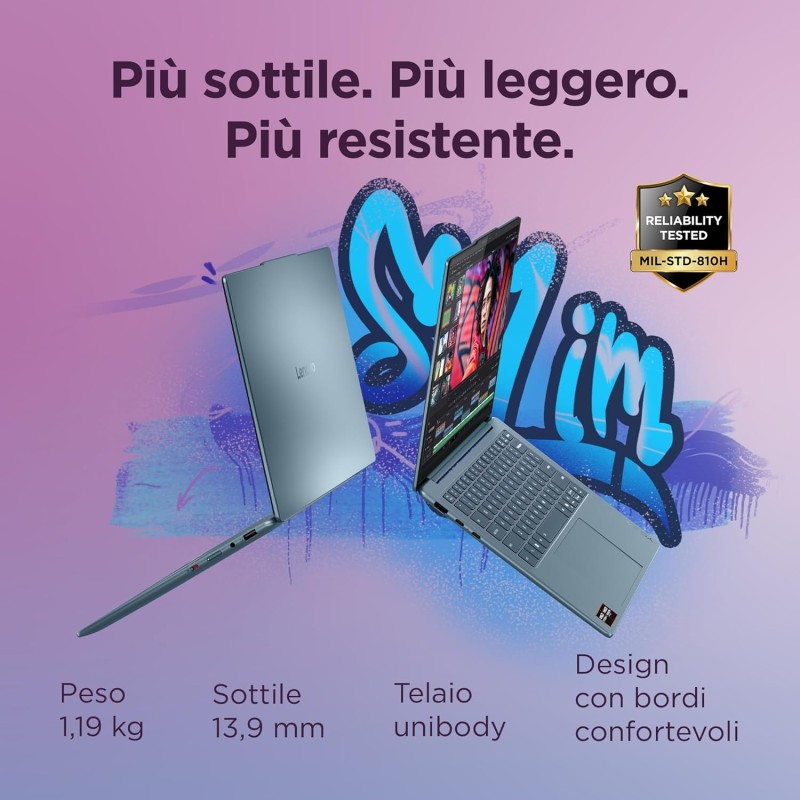 Lenovo Yoga Slim 7 Notebook Copilot+ PC - Display OLED 14" WQXGA (1920x1200), AMD Ryzen AI 7 350, RAM 32 GB, 1 TB SSD, Grafica AMD Radeon 860M, Windows 11 H, 2 anni Premium Care - Tidal Teal - 32GB | 14"