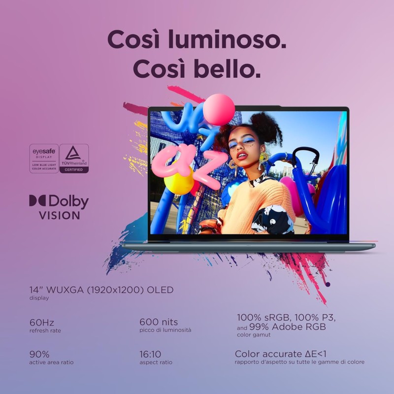 Lenovo Yoga Slim 7 Notebook Copilot+ PC - Display OLED 14" WQXGA (1920x1200), AMD Ryzen AI 7 350, RAM 32 GB, 1 TB SSD, Grafica AMD Radeon 860M, Windows 11 H, 2 anni Premium Care - Tidal Teal - 32GB | 14"