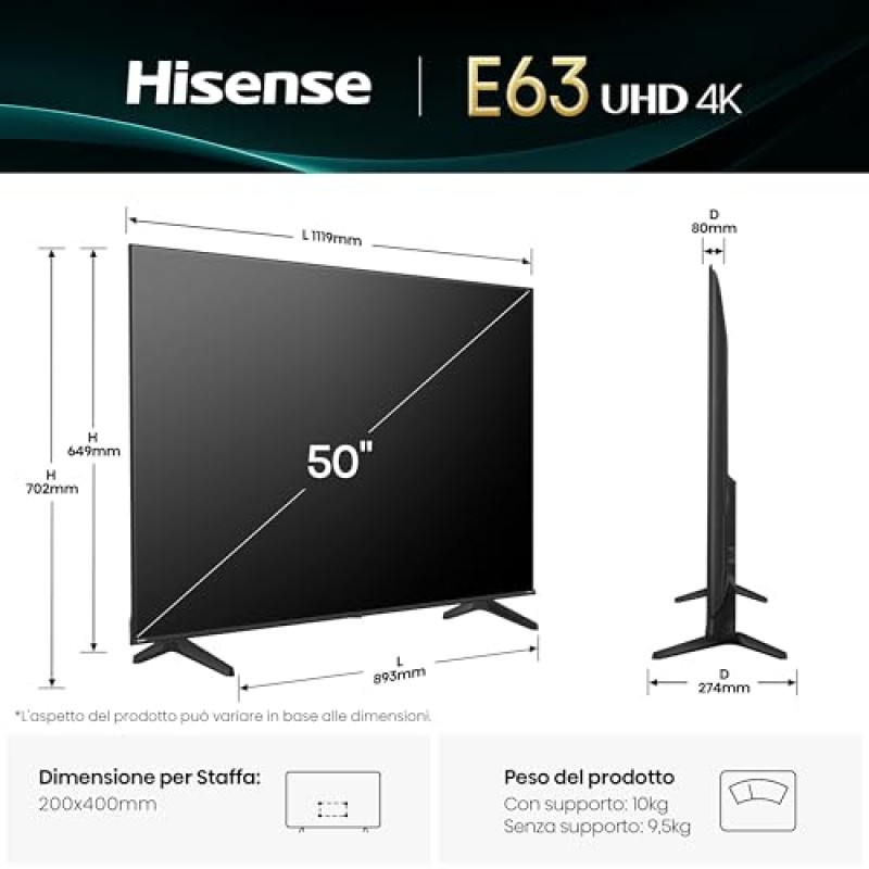 Hisense Smart TV 50" 4K Ultra HD 50E63QT, Smart TV VIDAA U8, Dolby Vision, HDR 10, Game Mode Plus, Alexa Built-in, VIDAA Voice, Tuner DVB-T2/S2 HEVC 10, lativù 4K - 50''
