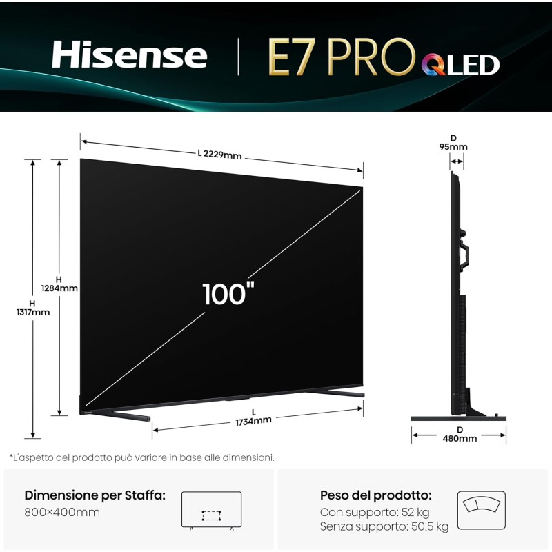 Hisense TV 100" QLED 4K 144Hz 100E7Q PRO, Smart TV VIDAA U8, Dolby Vision IQ, HDR 10+ Adaptive, 144hz Game Mode PRO, Dolby Atmos, Alexa Built-in, VIDAA Voice, Tuner DVB-T2/S2 HEVC 10, lativù 4K, 2025 - 100'' Hisense TV 100" QLED 4K 144Hz 100E7Q PRO, Smart TV VIDAA U8, Dolby Vision IQ, HDR 10+ Adaptive, 144hz Game Mode PRO, Dolby Atmos, Alexa Built-in, VIDAA Voice, Tuner DVB-T2/S2 HEVC 10, lativù 4K, 2025 - 100''