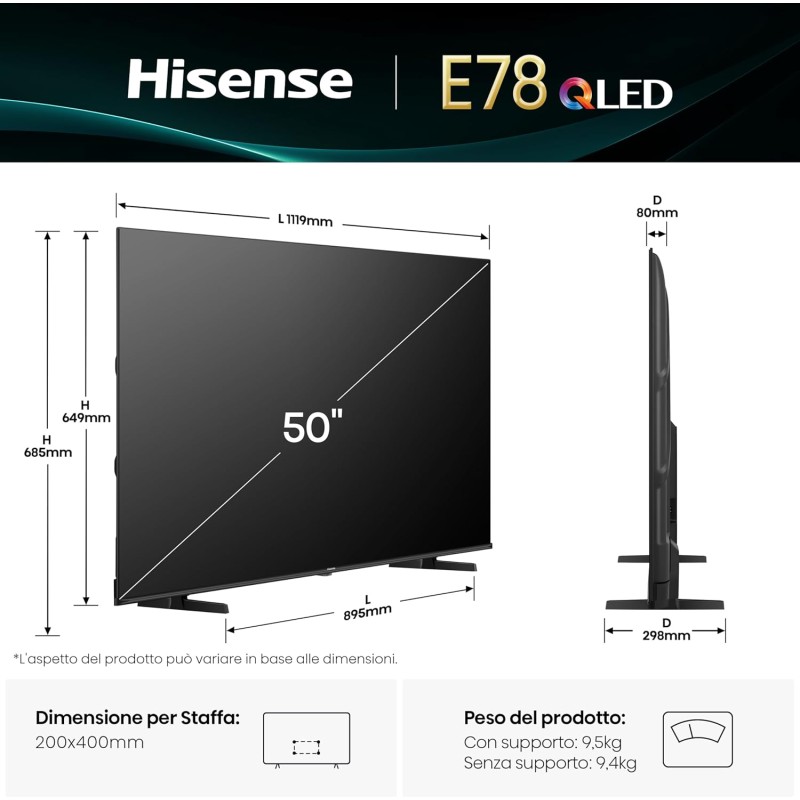 Hisense TV 50" QLED 4K 2025 50E78Q, Smart TV VIDAA U8, Dolby Vision, HDR 10+, Game Mode Plus, Dolby Atmos, Alexa Built-in, VIDAA Voice, Tuner DVB-T2/S2 HEVC 10, lativù 4K, 50'', 2025 QLED 60Hz - 50'' Hisense TV 50" QLED 4K 2025 50E78Q, Smart TV VIDAA U8, Dolby Vision, HDR 10+, Game Mode Plus, Dolby Atmos, Alexa Built-in, VIDAA Voice, Tuner DVB-T2/S2 HEVC 10, lativù 4K, 50'', 2025 QLED 60Hz - 50''