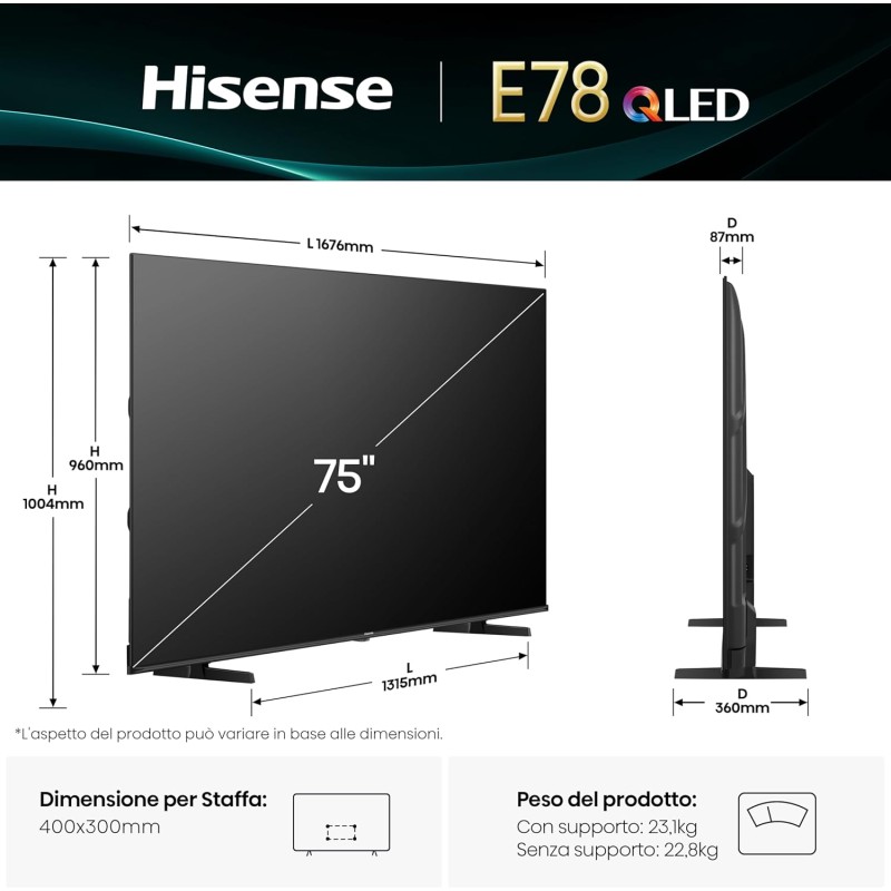 Hisense TV 75" QLED 4K 2025 75E78Q, Smart TV VIDAA U8, Dolby Vision, HDR 10+, Game Mode Plus, Dolby Atmos, Alexa Built-in, VIDAA Voice, Tuner DVB-T2/S2 HEVC 10, lativù 4K, 75'', 2025 QLED 60Hz - 75'' Hisense TV 75" QLED 4K 2025 75E78Q, Smart TV VIDAA U8, Dolby Vision, HDR 10+, Game Mode Plus, Dolby Atmos, Alexa Built-in, VIDAA Voice, Tuner DVB-T2/S2 HEVC 10, lativù 4K, 75'', 2025 QLED 60Hz - 75''
