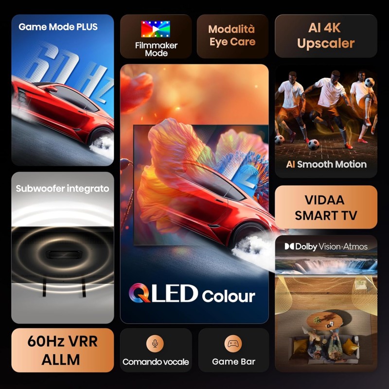 Hisense TV 50" QLED 4K 2025 50A72Q, Smart TV VIDAA U8, Dolby Vision, HDR 10+, Game Mode Plus, Dolby Atmos, Alexa Built-in, VIDAA Voice, Tuner DVB-T2/S2 HEVC 10, lativù 4K, 50'' - 50'' Hisense TV 50" QLED 4K 2025 50A72Q, Smart TV VIDAA U8, Dolby Vision, HDR 10+, Game Mode Plus, Dolby Atmos, Alexa Built-in, VIDAA Voice, Tuner DVB-T2/S2 HEVC 10, lativù 4K, 50'' - 50''