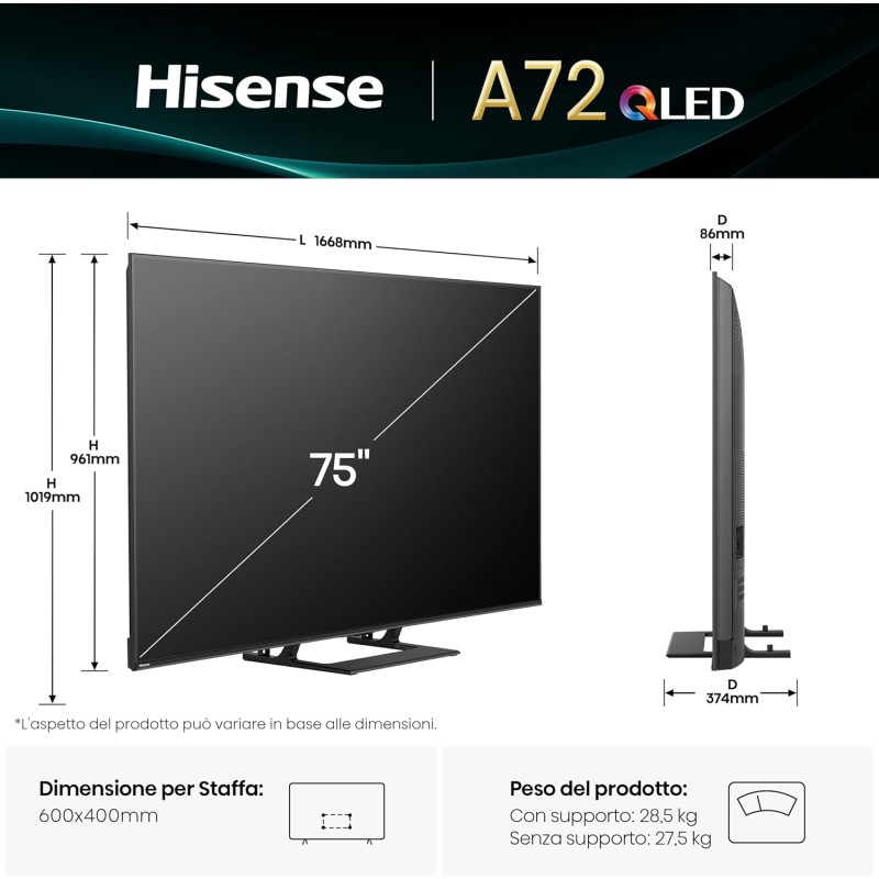 Hisense TV 75" QLED 4K 2025 75A72Q, Smart TV VIDAA U8, Dolby Vision, HDR 10+, Game Mode Plus, Dolby Atmos 2.1 con Subwoofer, Alexa Built-in, VIDAA Voice, Tuner DVB-T2/S2 HEVC 10, lativù 4K, 75'' - 75'' Hisense TV 75" QLED 4K 2025 75A72Q, Smart TV VIDAA U8, Dolby Vision, HDR 10+, Game Mode Plus, Dolby Atmos 2.1 con Subwoofer, Alexa Built-in, VIDAA Voice, Tuner DVB-T2/S2 HEVC 10, lativù 4K, 75'' - 75''