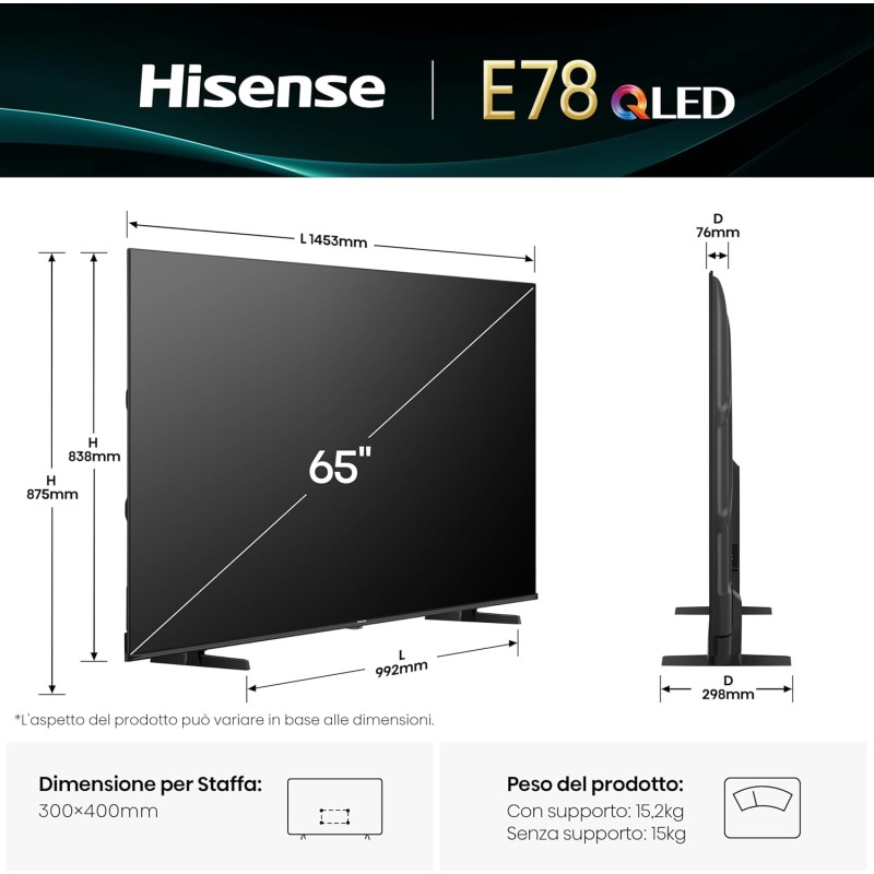 Hisense TV 65" QLED 4K 2025 65E78Q, Smart TV VIDAA U8, Dolby Vision, HDR 10+, Game Mode Plus, Dolby Atmos, Alexa Built-in, VIDAA Voice, Tuner DVB-T2/S2 HEVC 10, lativù 4K, 65'', 2025 QLED 60Hz - 65'' Hisense TV 65" QLED 4K 2025 65E78Q, Smart TV VIDAA U8, Dolby Vision, HDR 10+, Game Mode Plus, Dolby Atmos, Alexa Built-in, VIDAA Voice, Tuner DVB-T2/S2 HEVC 10, lativù 4K, 65'', 2025 QLED 60Hz - 65''