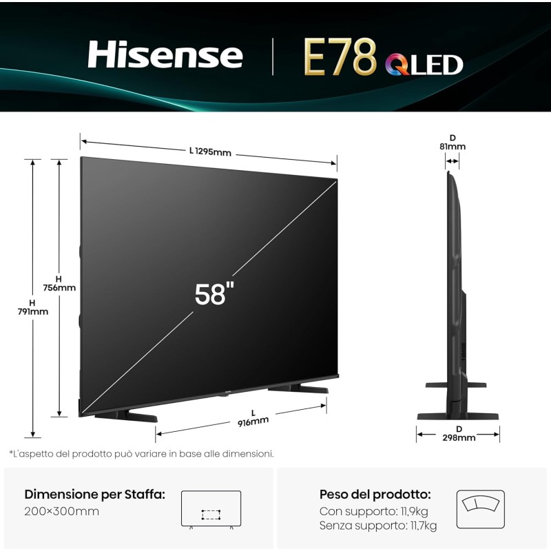 Hisense TV 58" QLED 4K 2025 58E78Q, Smart TV VIDAA U8, Dolby Vision, HDR 10+, Game Mode Plus, Dolby Atmos, Alexa Built-in, VIDAA Voice, Tuner DVB-T2/S2 HEVC 10, lativù 4K, 58'', 2025 QLED 60Hz - 58'' Hisense TV 58" QLED 4K 2025 58E78Q, Smart TV VIDAA U8, Dolby Vision, HDR 10+, Game Mode Plus, Dolby Atmos, Alexa Built-in, VIDAA Voice, Tuner DVB-T2/S2 HEVC 10, lativù 4K, 58'', 2025 QLED 60Hz - 58''