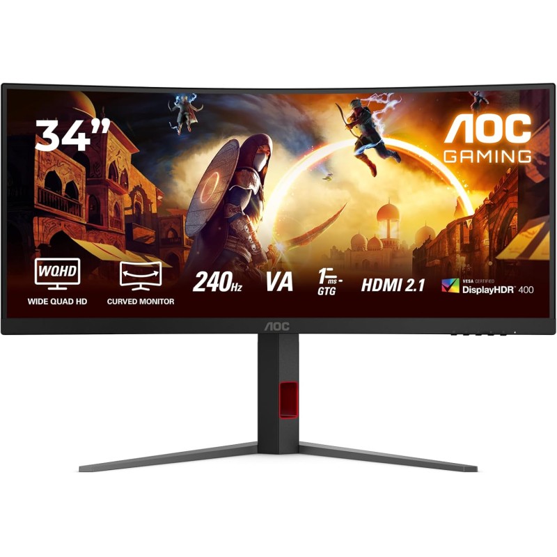 AOC Gaming CU34G4 - Monitor Quad HD da 34 pollici, 180 Hz, 1 ms, FreeSync Prem., HDR10 2560x1440, 1x HDMI 2.0, 1x DisplayPort 1.4 nero-rosso, 34 inch WQHD Fast VA, Regolazione altezza - 34" WQHD Curvo AOC Gaming CU34G4 - Monitor Quad HD da 34 pollici, 180 Hz, 1 ms, FreeSync Prem., HDR10 2560x1440, 1x HDMI 2.0, 1x DisplayPort 1.4 nero-rosso, 34 inch WQHD Fast VA, Regolazione altezza - 34" WQHD Curvo