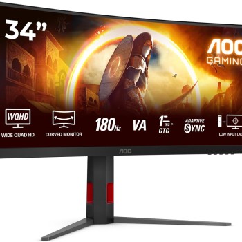 AOC Gaming CU34G4 - Monitor Quad HD da 34 pollici, 180 Hz, 1 ms, FreeSync Prem., HDR10 2560x1440, 1x HDMI 2.0, 1x DisplayPort 1.4 nero-rosso, 34 inch WQHD Fast VA, Regolazione altezza - 34" WQHD Curvo