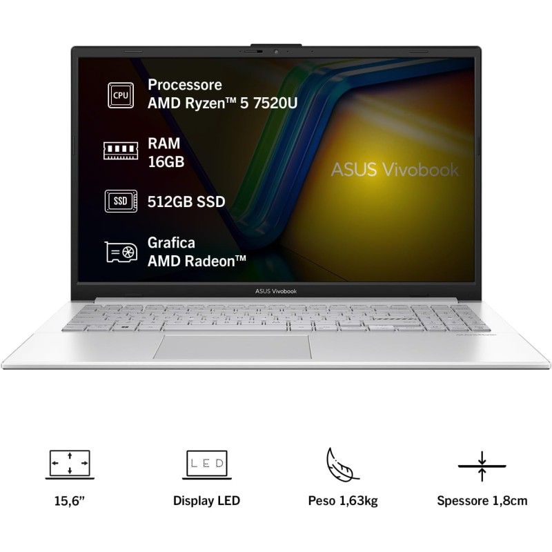 ASUS Vivobook Go 15 E1504FA#B0F2HXM5K3, Notebook con Monitor da 15.6" Anti-glare, 60Hz, AMD Ryzen™ 5 7520U, RAM 16GB, 512GB SSD, Windows 11 Home, Argento