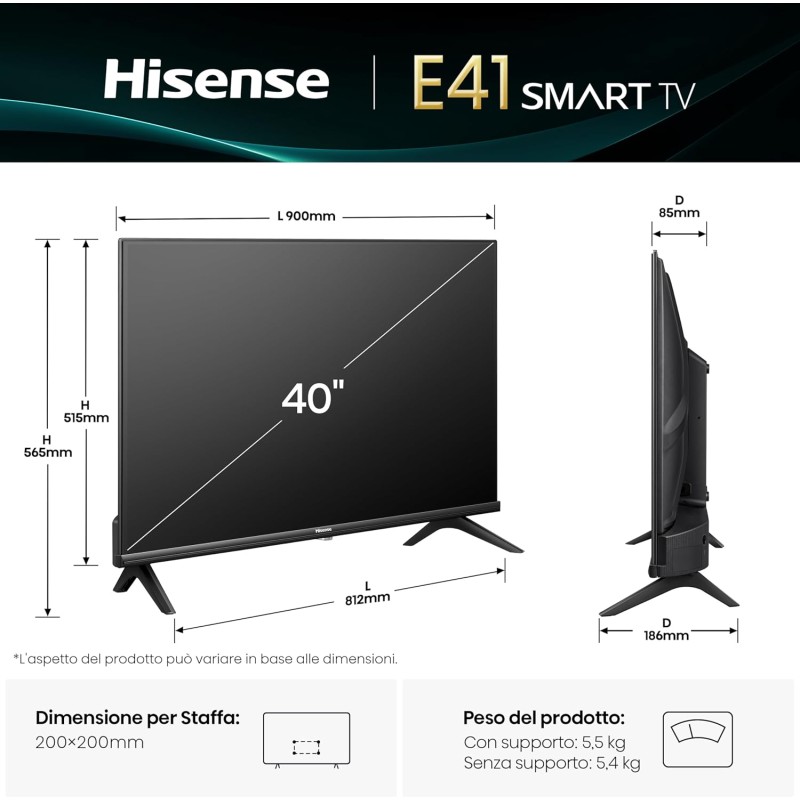 Hisense TV 40" Full HD 2025 40E41QT, Smart TV VIDAA U8, Airplay2, Game Mode, Works with Alexa, Tuner DVB-T2/S2 HEVC 10, lativù, 40'', 2025 LED - 40'' Hisense TV 40" Full HD 2025 40E41QT, Smart TV VIDAA U8, Airplay2, Game Mode, Works with Alexa, Tuner DVB-T2/S2 HEVC 10, lativù, 40'', 2025 LED - 40''