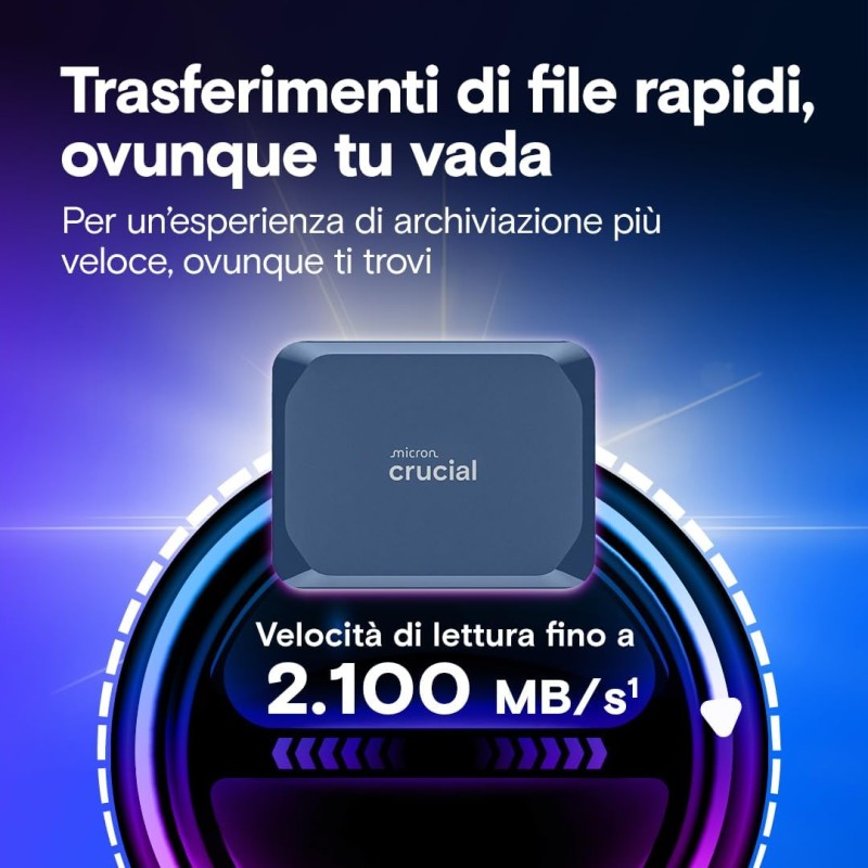 Crucial X10 SSD Esterno 1TB, Fino a 2100 MB/s, USB-C 3.2 Gen2, IP65 Resistenza ad Acqua e Polvere, Hard Disk Esterno, Blu Opaco - CT1000X10SSD9-02 - 1TB Blu