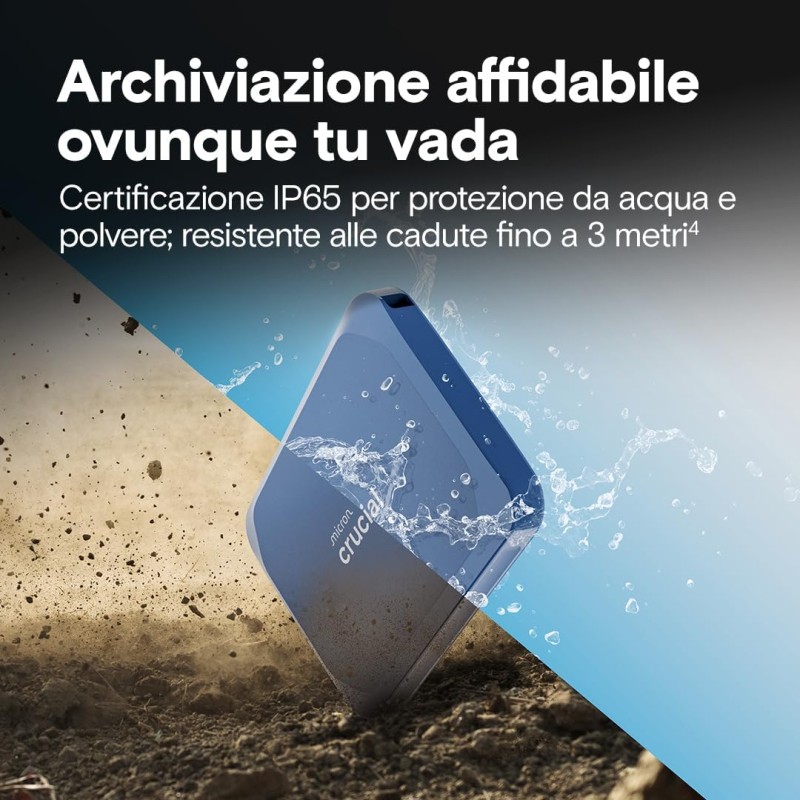 Crucial X10 SSD Esterno 1TB, Fino a 2100 MB/s, USB-C 3.2 Gen2, IP65 Resistenza ad Acqua e Polvere, Hard Disk Esterno, Blu Opaco - CT1000X10SSD9-02 - 1TB Blu