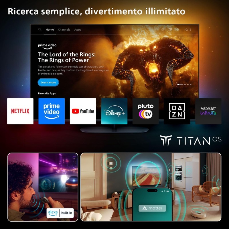 Philips Ambilight 65OLED770 4K OLED Smart TV - Display 65’’ con processore P5 AI Perfect Picture Ultra HD, Titan OS, Dolby Vision e Atmos Sound - Funziona con Alexa e Google Philips Ambilight 65OLED770 4K OLED Smart TV - Display 65’’ con processore P5 AI Perfect Picture Ultra HD, Titan OS, Dolby Vision e Atmos Sound - Funziona con Alexa e Google