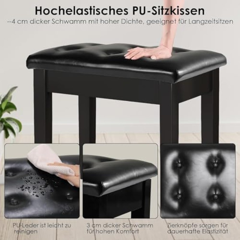 Sgabello per Pianoforte, 75 x 35 x 49 CM, con Vano Portaoggetti, Panca per Pianoforte con Cuscino in Pelle PU, Resistente, Portata fino a 200 kg, Nero