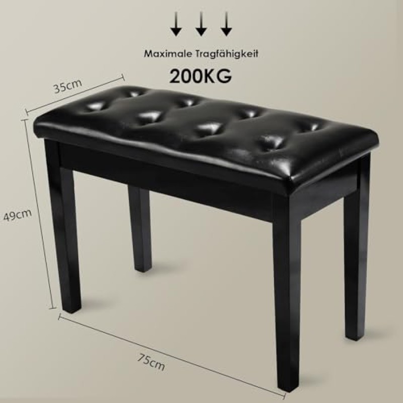 Sgabello per Pianoforte, 75 x 35 x 49 CM, con Vano Portaoggetti, Panca per Pianoforte con Cuscino in Pelle PU, Resistente, Portata fino a 200 kg, Nero