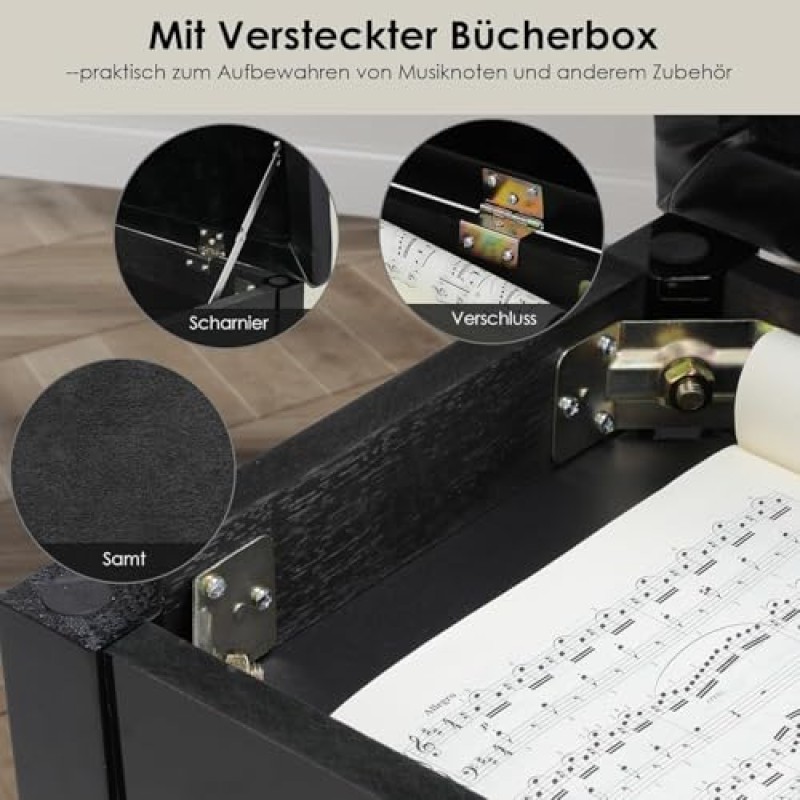 Sgabello per Pianoforte, 75 x 35 x 49 CM, con Vano Portaoggetti, Panca per Pianoforte con Cuscino in Pelle PU, Resistente, Portata fino a 200 kg, Nero