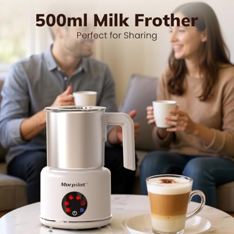 Morpilot Montalatte Elettrico, Milk Frother in Acciaio Inossidabile, 6 in 1 Funzione, Capacità 250ml Cappuccino o 500 ml Latte Caldo, Design Diviso, Bianco - 250ml Bianco-s