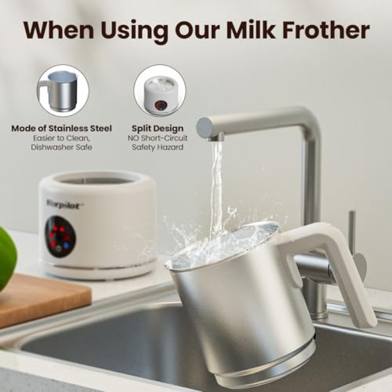 Morpilot Montalatte Elettrico, Milk Frother in Acciaio Inossidabile, 6 in 1 Funzione, Capacità 250ml Cappuccino o 500 ml Latte Caldo, Design Diviso, Bianco - 250ml Bianco-s