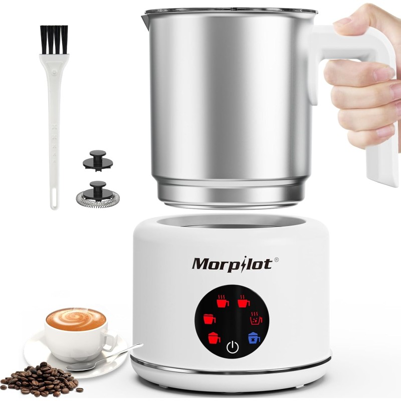 Morpilot Montalatte Elettrico, Milk Frother in Acciaio Inossidabile, 6 in 1 Funzione, Capacità 250ml Cappuccino o 500 ml Latte Caldo, Design Diviso, Bianco - 250ml Bianco-s