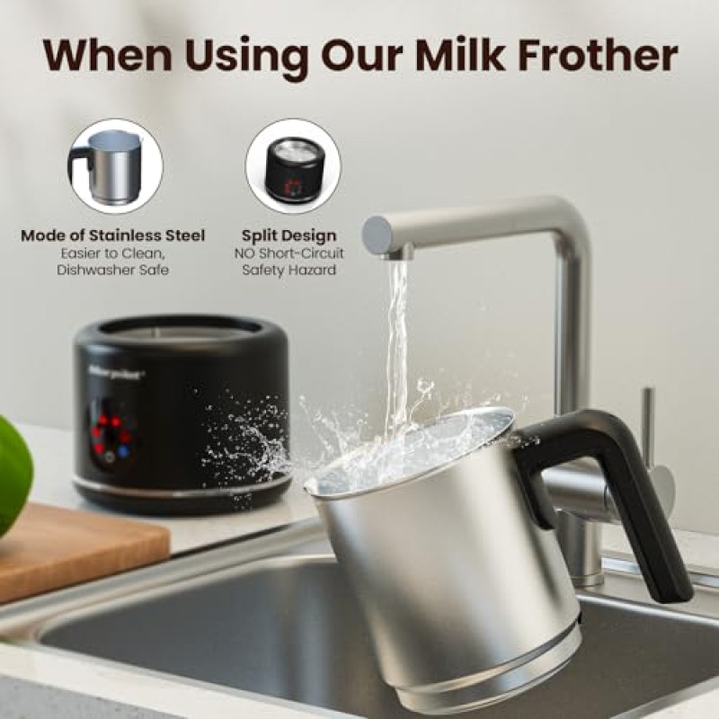 Montalatte Elettrico, Morpilot Milk Frother in Acciaio Inossidabile, 6 in 1 Funzione, Capacità 250ml Cappuccino o 500 ml Latte Caldo, Design Diviso, Nero - 250ml Nero-s