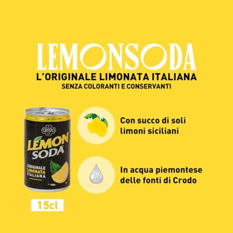 Lemonsoda | Bevanda Gassata al Limone, 24 Minican Lattine da 15 cl, L'originale Limonata Italiana, Rinfrescante, con Succo di Limoni Siciliani, Senza Coloranti