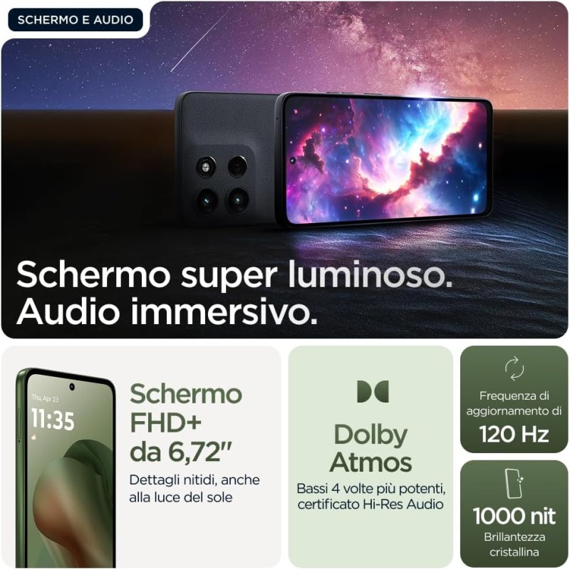 Motorola moto g56 5G 8/256GB, Fotocamera 50MP + sensore antisfarfallio, Display 6.72" FHD+ 120Hz, batteria 5200mAh, MediaTek Dimensity 7060, Android 15, PANTONE Dill - 256GB PANTONE Dill Motorola moto g56 5G 8/256GB, Fotocamera 50MP + sensore antisfarfallio, Display 6.72" FHD+ 120Hz, batteria 5200mAh, MediaTek Dimensity 7060, Android 15, PANTONE Dill - 256GB PANTONE Dill