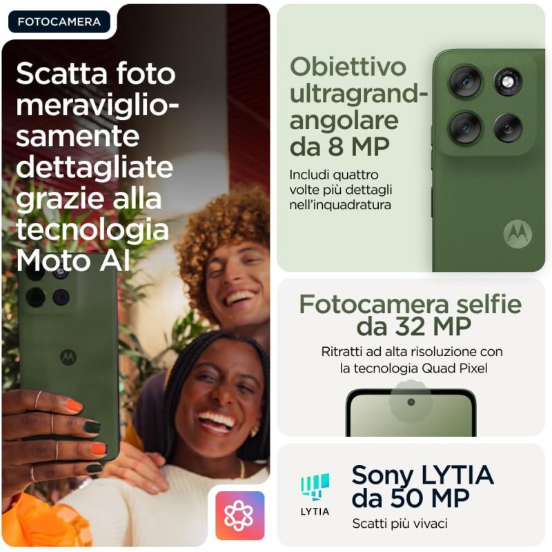 Motorola moto g56 5G 8/256GB, Fotocamera 50MP + sensore antisfarfallio, Display 6.72" FHD+ 120Hz, batteria 5200mAh, MediaTek Dimensity 7060, Android 15, PANTONE Dill - 256GB PANTONE Dill Motorola moto g56 5G 8/256GB, Fotocamera 50MP + sensore antisfarfallio, Display 6.72" FHD+ 120Hz, batteria 5200mAh, MediaTek Dimensity 7060, Android 15, PANTONE Dill - 256GB PANTONE Dill