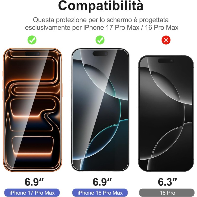 NEW'C 3 Pezzi, Vetro Temperato per iPhone 17 Pro Max, iPhone 16 Pro Max (6,9 pollici), Pellicola Prottetiva Anti Graffio - Ultra resistente - Trasparente HD - Strumento di installazione facile incluso - 17 Pro Max/16 Pro Max 6,9 pollici Trasparente