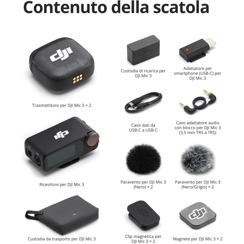 DJI Mic 3 (2 TX + 1 RX + Custodia di ricarica), microfono wireless per iPhone/fotocamera/Android, ultraleggero, controllo del guadagno adattivo per un volume bilanciato, 28 ore di utilizzo, vlog DJI Mic 3 (2 TX + 1 RX + Custodia di ricarica), microfono wireless per iPhone/fotocamera/Android, ultraleggero, controllo del guadagno adattivo per un volume bilanciato, 28 ore di utilizzo, vlog