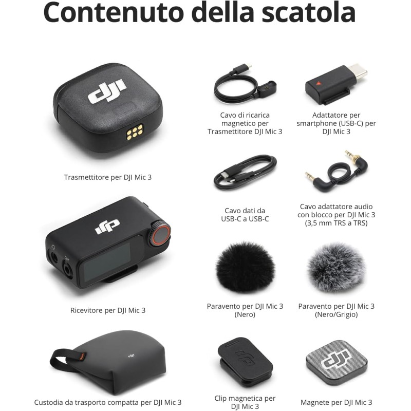 DJI Mic 3 (1 TX + 1 RX), microfono lavalier wireless per iPhone/fotocamera/Android, ultraleggero, maggiore autonomia operativa e ricarica veloce, trasmissione da 400 m DJI Mic 3 (1 TX + 1 RX), microfono lavalier wireless per iPhone/fotocamera/Android, ultraleggero, maggiore autonomia operativa e ricarica veloce, trasmissione da 400 m