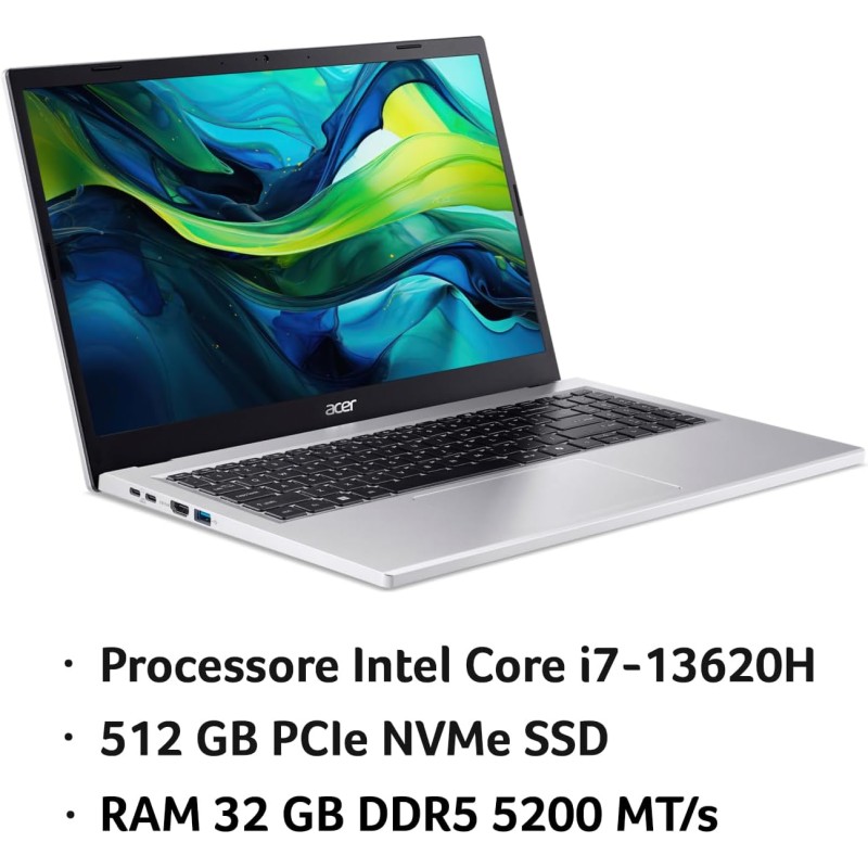 acer Aspire Go 15 AG15-71P-75CQ PC Portatile, Notebook, Processore Intel Core i7-13620H, RAM 32 GB DDR5, 512 GB PCIe NVMe SSD, Display 15.6" FHD, Scheda Grafica Intel UHD, Windows 11 Home - 15.6" acer Aspire Go 15 AG15-71P-75CQ PC Portatile, Notebook, Processore Intel Core i7-13620H, RAM 32 GB DDR5, 512 GB PCIe NVMe SSD, Display 15.6" FHD, Scheda Grafica Intel UHD, Windows 11 Home - 15.6"
