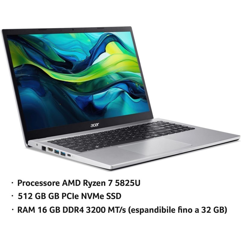 acer Aspire Go 15 AG15-42P-R21G PC Portatile, Notebook, Processore AMD Ryzen 7 5825U, RAM 16 GB DDR4, 512 GB PCIe NVMe SSD, Display 15.6" FHD, Scheda Grafica AMD Radeon, Windows 11 Home, Silver