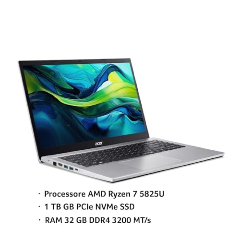 acer Aspire Go 15 AG15-42P-R81L PC Portatile, Notebook, Processore AMD Ryzen™ 7 5825U, RAM 32 GB DDR4, 1024 GB PCIe NVMe SSD, Display 15.6" FHD, Scheda Grafica AMD Radeon, Windows 11 Home, Silver - RAM 32GB | SSD 1TB acer Aspire Go 15 AG15-42P-R81L PC Portatile, Notebook, Processore AMD Ryzen™ 7 5825U, RAM 32 GB DDR4, 1024 GB PCIe NVMe SSD, Display 15.6" FHD, Scheda Grafica AMD Radeon, Windows 11 Home, Silver - RAM 32GB | SSD 1TB