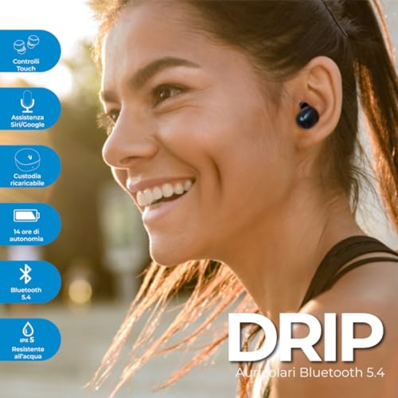 VulTech EP-30BK DRIP Cuffie Bluetooth 5.4, Auricolari Wireless In-Ear con Microfono, 14 Ore Totali, Controllo Touch, Ricarica USB-C, Controllo vocale Siri/Google, Suono Bilanciato, Android/iOS, nere - Drip BK