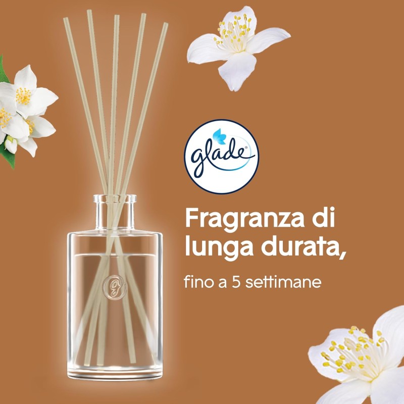 Glade Diffusore a Bastoncini, Profumatore per Ambienti con Oli Essenziali, Fragranza Sensual Sandalwood & Jasmine, Confezione da 1 diffusore da 50ml