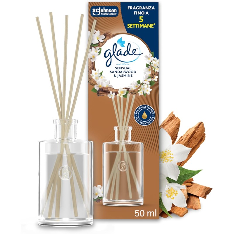 Glade Diffusore a Bastoncini, Profumatore per Ambienti con Oli Essenziali, Fragranza Sensual Sandalwood & Jasmine, Confezione da 1 diffusore da 50ml
