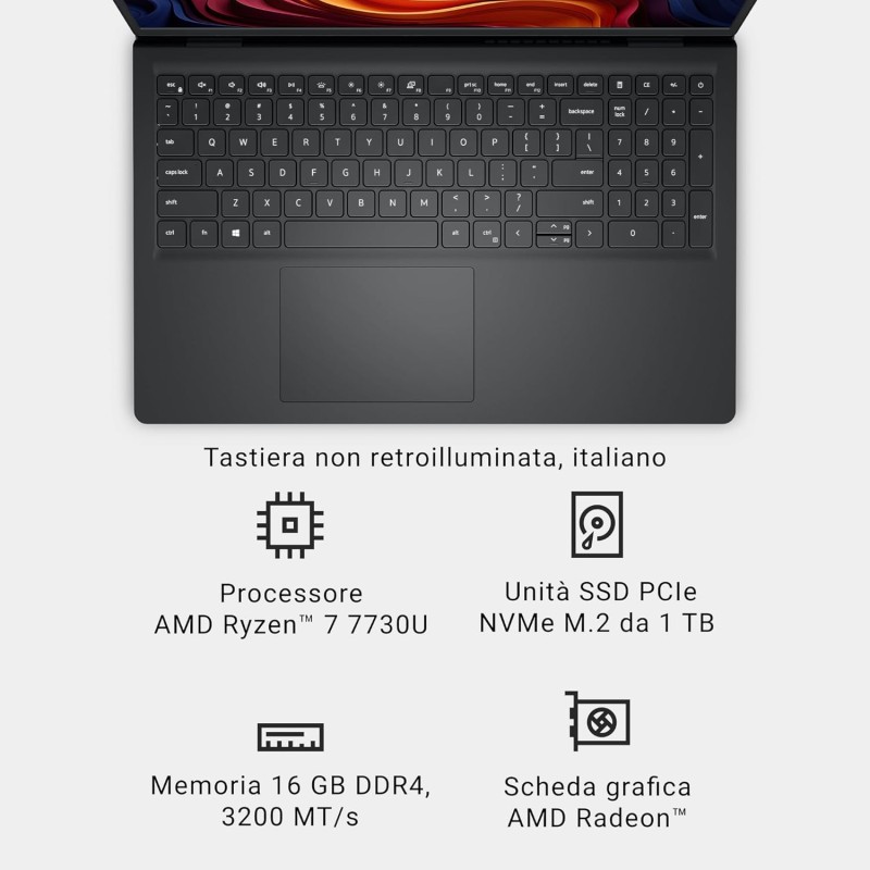 Dell 15 Laptop DC15255 15,6" FHD (1920 x 1080) 120Hz, AMD Ryzen 7 7730U, Grafica AMD Radeon, 16GB DDR4 RAM, 1TB SSD, Windows 11 Home, Tastiera Retroilluminata QWERTY – Nero Carbonio