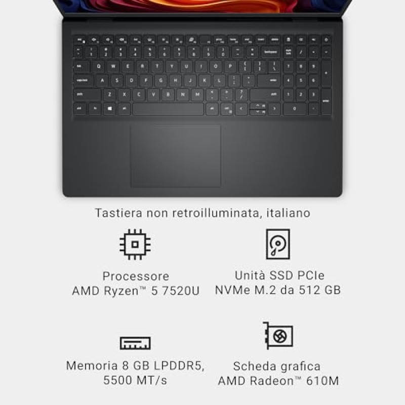 Dell 15 Laptop DC15255 15,6" FHD (1920 x 1080) 120Hz, AMD Ryzen 5 7520U, Grafica Radeon 610M, 8GB LPDDR5 RAM, 512GB SSD, Windows 11 Home, Tastiera Retroilluminata QWERTY – Nero Carbonio Dell 15 Laptop DC15255 15,6" FHD (1920 x 1080) 120Hz, AMD Ryzen 5 7520U, Grafica Radeon 610M, 8GB LPDDR5 RAM, 512GB SSD, Windows 11 Home, Tastiera Retroilluminata QWERTY – Nero Carbonio