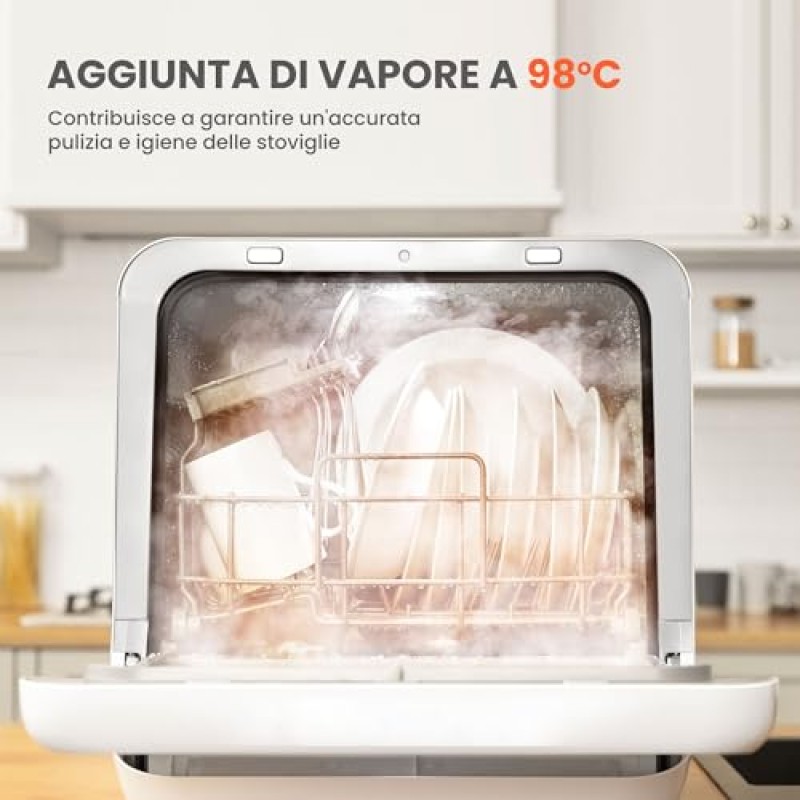 COMFEE' Mini Lavastoviglie CDWMTO201D(W) Piccola lavastoviglie da tavolo con serbatoio dell'acqua integrato da 5 l, lavaggio a vapore, stoccaggio ventilato, classe energetica D - Bianco