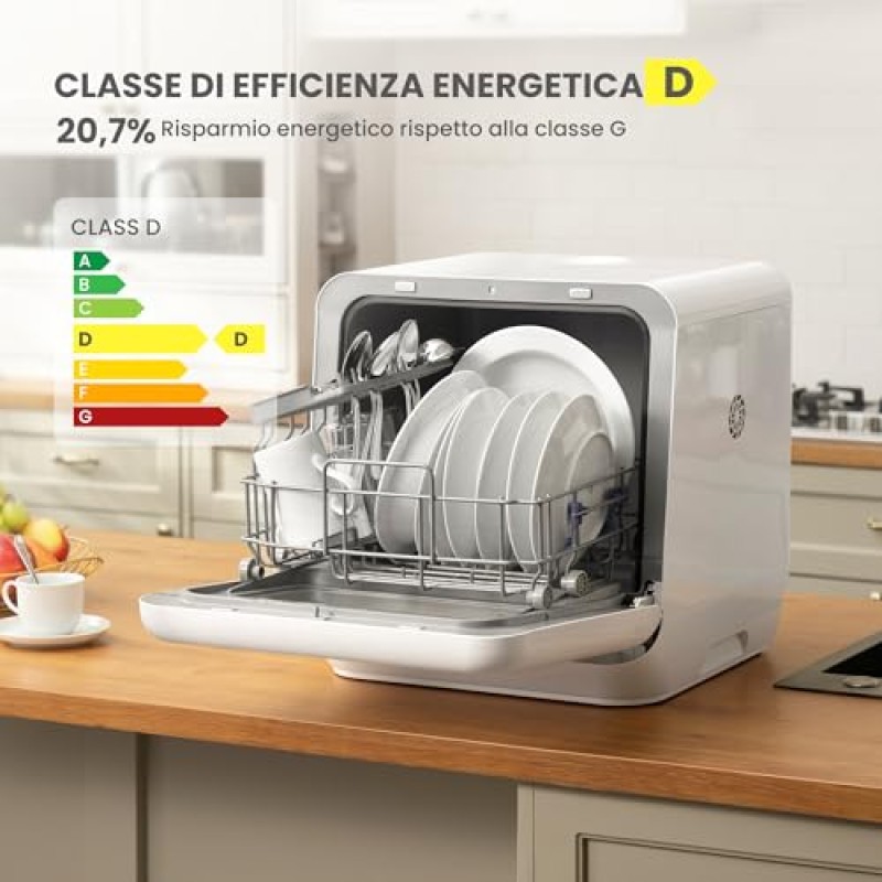 COMFEE' Mini Lavastoviglie CDWMTO201D(W) Piccola lavastoviglie da tavolo con serbatoio dell'acqua integrato da 5 l, lavaggio a vapore, stoccaggio ventilato, classe energetica D - Bianco