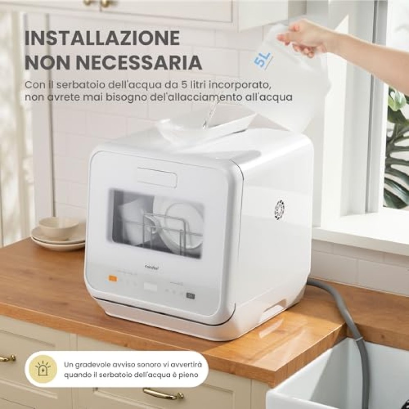 COMFEE' Mini Lavastoviglie CDWMTO201D(W) Piccola lavastoviglie da tavolo con serbatoio dell'acqua integrato da 5 l, lavaggio a vapore, stoccaggio ventilato, classe energetica D - Bianco