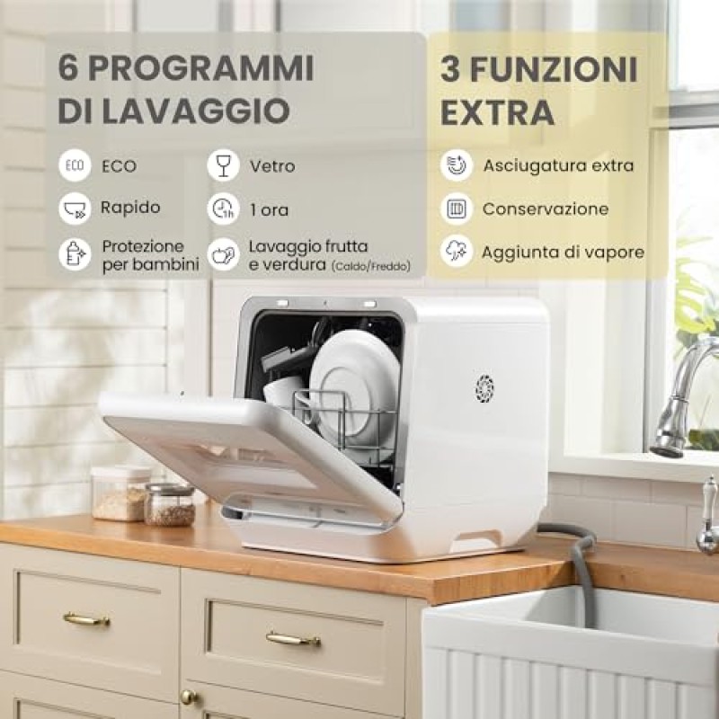 COMFEE' Mini Lavastoviglie CDWMTO201D(W) Piccola lavastoviglie da tavolo con serbatoio dell'acqua integrato da 5 l, lavaggio a vapore, stoccaggio ventilato, classe energetica D - Bianco