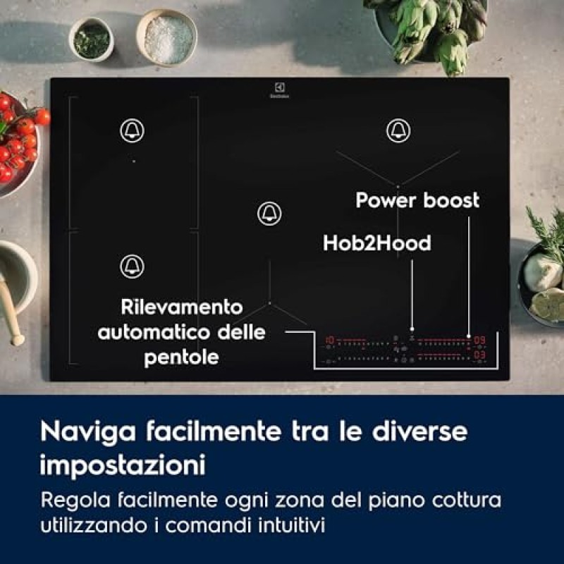 Electrolux Piano Cottura Induzione da Incasso, KIS62453I, 60 cm, Serie 700, 4 Fuochi, Zona Combinata Flessibile, Funzione Hob2Hood, SenseBoil, Comandi Slider Touch, Funzione Sicurezza Bambino - Nero - Kis62453i